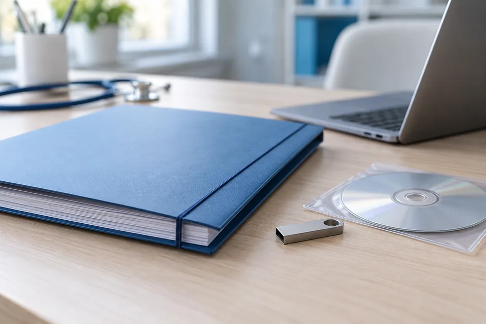 Carpeta, memoria USB y CD para preparar una consulta.
