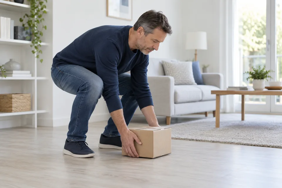 Persona levanta una caja pequeña cerca del cuerpo.
