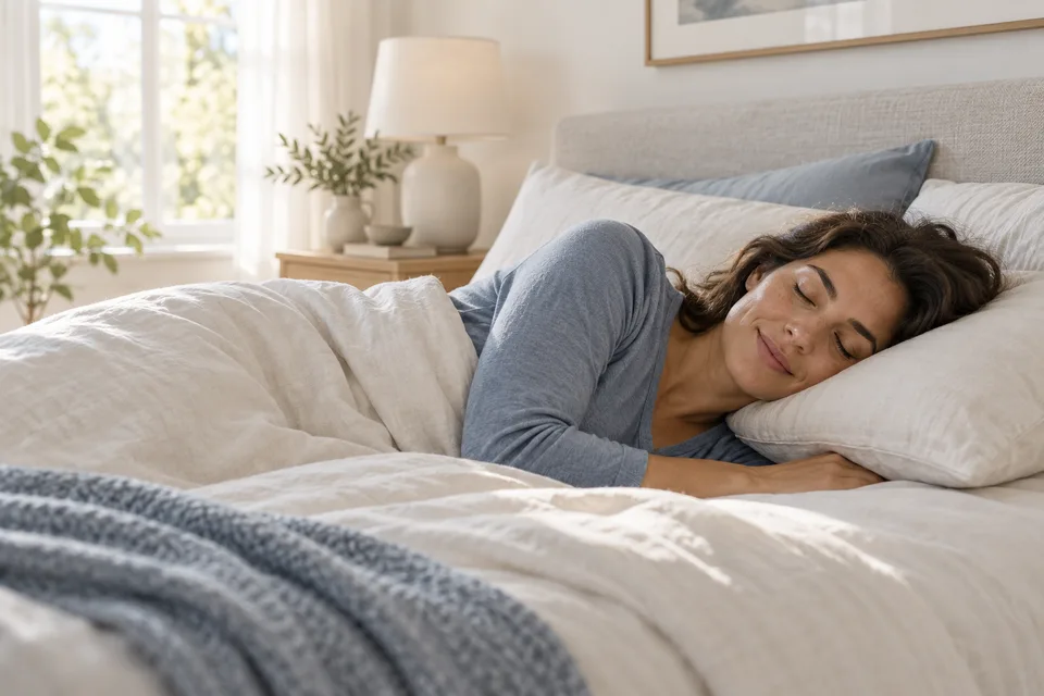 Persona descansa de lado en una cama.