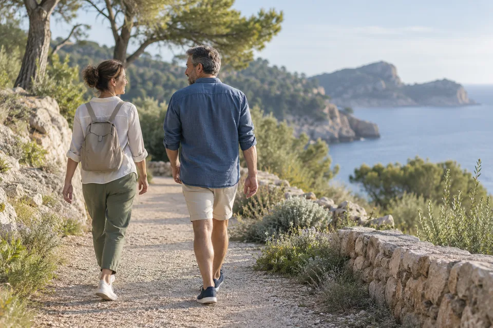 Dos personas caminan por un sendero junto al mar.
